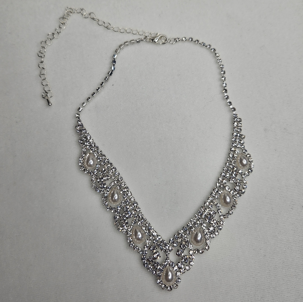 Clear Silver Rhinestone Faux Pearl Crystal Necklace Prom Jewelry Fashion Jewelry